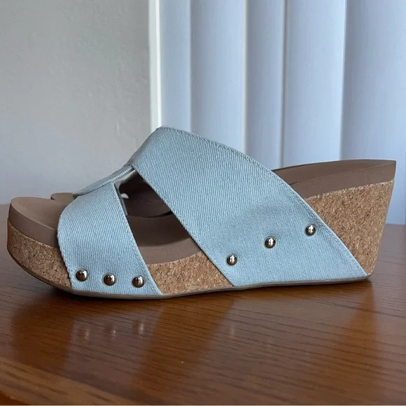 Corkys Bonnie Studded Wedge Sandal Light Blue Denim Size 9 - Picture 2 of 15
